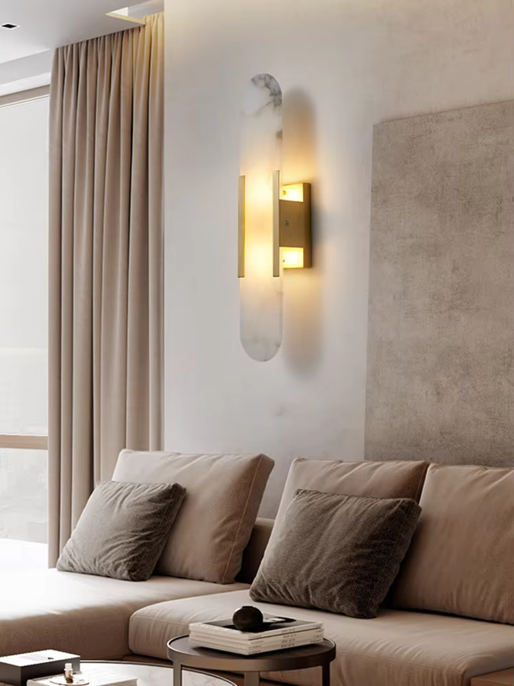 مصباح جداري LED بيضاوي الشكل بلمسة نهائية ذهبية عصرية ولوحة رخامية بيضاوية الشكل مع قاعدة رخامية